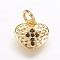 Hammered Brass Micro Pave Cubic Zirconia Pendants, Crosslet Heart Pendants, Heart with Cross Charms, Black, Golden, 9x10x1.5mm, Hole: 3mm