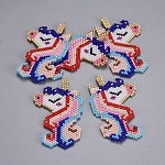 Handmade Japanese Seed Beads Big Pendants, with Japan Import Thread, Loom Pattern, Unicorn, Colorful, 58~60x34~35x2mm, Hole: 0.6mm
