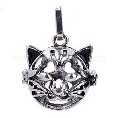 Ciondoli gattino cavo gabbia in ottone placcatura a cremagliera, nichel libero, per fare collane ciondolo palla carillon, forma di calore del gatto, argento antico, 26x25x25mm, Foro: 4x8 mm, misura interiore: 18 mm