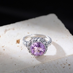 Verstellbarer natürlicher Amethyst mit 925 offenen Manschettenring aus Sterlingsilber&nbsp;RJEW-C155-05B