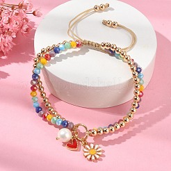 Herz- und Gänseblümchen-Emaille-Charm-Armband mit Muschelperle&nbsp;BJEW-TA00383