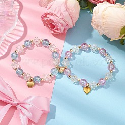 2 set di braccialetti elasticizzati con coppia di fiori e perline acriliche rotonde in 2 colori&nbsp;BJEW-JB10451