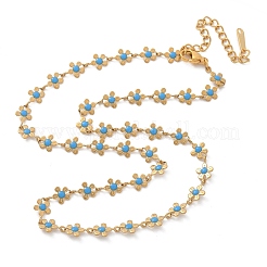 Bohemian 304 Edelstahl Emaille Deep Sky Blue Flower Link Kette Halsketten für Frauen&nbsp;NJEW-Z061-01G