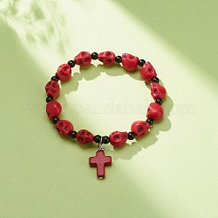 Natürliches Mashan-Jade-Totenkopf-Stretch-Armband mit synthetischem türkisfarbenem (gefärbtem) Kreuzanhänger&nbsp;BJEW-JB08378-02