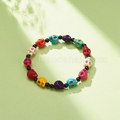 Natürlicher Mashan-Jade-Totenkopf und synthetisches türkisfarbenes (gefärbtes) Perlen-Stretch-Armband&nbsp;BJEW-JB08377-05