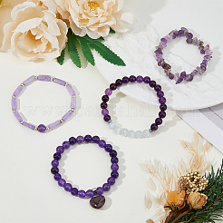 4 set di 4 braccialetti elastici con perline di ametista naturale&nbsp;BJEW-FI0001-58