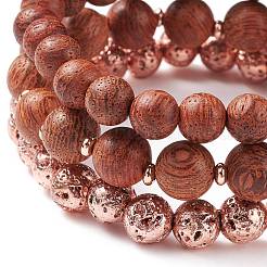 3 pièces 3 style pierre de lave naturelle et bois ensemble de bracelets extensibles perlés ronds&nbsp;BJEW-JB08350