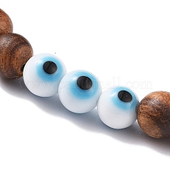 Bracelet extensible en bois naturel et hématite synthétique avec mauvais œil au chalumeau&nbsp;BJEW-JB08094