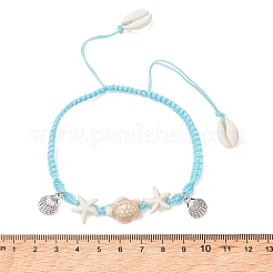 Tobilleras ajustables de verano con cuentas trenzadas de estrella de mar y tortuga de color turquesa sintético teñido para la playa&nbsp;AJEW-AN00774