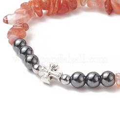 Chip di pietre preziose miste naturali e ematite sintetica e braccialetto elasticizzato con perline incrociate in lega per le donne&nbsp;BJEW-JB09234