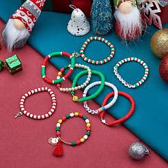 9 pièces 9 mots de style joyeux noël faits à la main en argile polymère heishi surfeur bracelets extensibles sertis de perle acrylique&nbsp;sgBJEW-SW00070