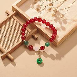 Cornaline naturelle (teintée et chauffée) et aventurine verte et bracelet extensible en perles rondes de quartz rose&nbsp;BJEW-JB09015