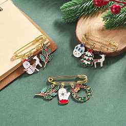 3 Stück 3 Stile Weihnachtsbaum & Schneemann & Hirsch Legierung Emaille Charms Sicherheitsnadel Broschen&nbsp;JEWB-BR00094