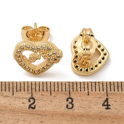 Boucles d'oreilles à tige en laiton avec micro pavé de zircons cubiques transparents en forme de cœur avec mot amour pour la Saint-Valentin&nbsp;EJEW-D305-22G-01