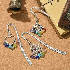 3 Stück 3 Stile Fleur-de-Lis/gewebtes Netz/Herz-Anhänger-Lesezeichen aus Legierung mit Chakra-Edelsteinsplittern&nbsp;AJEW-TA00008