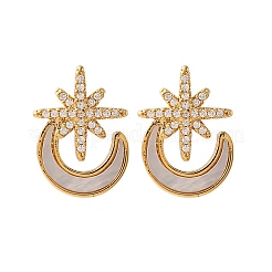Pendientes de botón con forma de estrella y luna de latón con micropavé de circonitas cúbicas transparentes&nbsp;KK-D363-18G