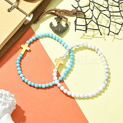 2 pz 2 stili howlite naturale e turchese sintetico e set di bracciali elastici con perline incrociate in acciaio inossidabile 304&nbsp;BJEW-JB09465-02