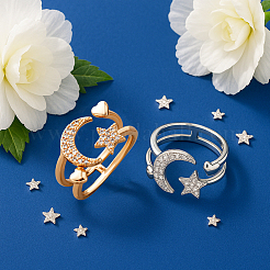 2 Stück 2 Farben Mond & Stern & Herz Messing Micro Pave klare Zirkonia Manschettenringe für Frauen&nbsp;RJEW-HY0001-17