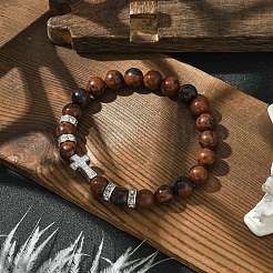 Braccialetti elasticizzati da donna con micro pavé di zirconi cubici trasparenti e braccialetti elasticizzati rotondi con perline di ossidiana di mogano naturale da 8 mm&nbsp;BJEW-JB10819-02