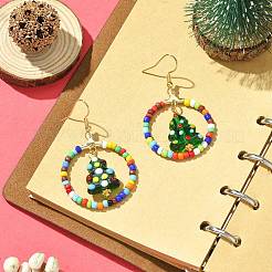 Glasperlenring mit Bunte Malerei-Weihnachtsbaum-Ohrhängern&nbsp;EJEW-TA00231