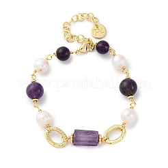 Bracelets à maillons en perles rondes d'améthyste naturelle et de perles pour femmes&nbsp;BJEW-Q039-01G