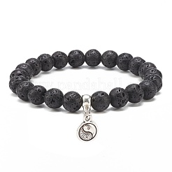 2 pièces 2 style pierre de lave naturelle et howlite bracelets extensibles perlés ronds sertis de breloques en alliage yin yang&nbsp;BJEW-JB08457