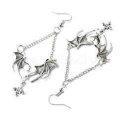 Ala de murciélago de aleación con pendientes colgantes cruzados para halloween&nbsp;EJEW-G349-01AS