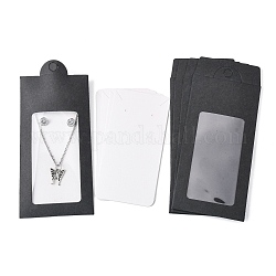 Cajas de papel, con tarjetas de exhibición de joyería para collar y aretes y ventana de pvc transparente, cajas de embalaje, Rectángulo, negro, 15.4x6.7x0.1 cm, agujero: 8 mm, ventana: 85x44 mm