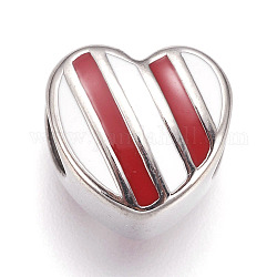 304 perline europei in acciaio inox, con smalto, perline con foro grande, cuore, rosso, colore acciaio inossidabile, 11x11x8mm, Foro: 5 mm