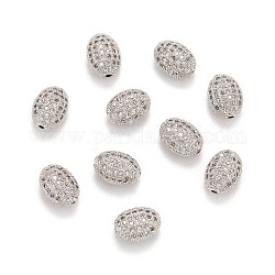 Brass Micro Pave Cubic Zirconia Beads, Oval, Platinum, 10x7x5.5mm, Hole: 1mm
