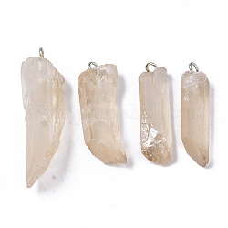 Placage sous vide pendentifs en cristal de quartz naturel, avec boucle en laiton, forme de bande, peachpuff, 24~36x7~16x6~11mm, Trou: 1.8mm