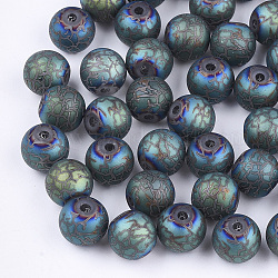 Abalorios de vidrio electroplate, esmerilado, redondo con patrón, cadete azul, 8~8.5mm, agujero: 1.5 mm