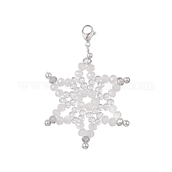 Décorations de pendentif en perles de verre flocon de neige, avec fermoirs mousquetons en 304 acier inoxydable, clair ab, 60mm
