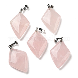 Pendentifs de quartz rose naturel, avec les accessoires en laiton de tonalité de platine, charme de losange, 28~29x17~18x5.5~6mm, Trou: 4x7mm