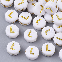 Plating Acrylic Beads, Golden Metal Enlaced, Horizontal Hole, Flat Round with Alphabet, White, Letter.L, 7x3.5mm, Hole: 1.2mm, about 360pcs/50g