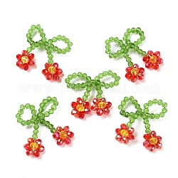 Pendentifs en perles de verre, avec un fil de cuivre, nœud papillon avec breloques fleurs, rouge, 25~27x25~28x5~5.5mm, Trou: 5.5x7.5mm