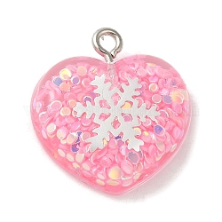 Pendentif en acrylique, avec les accessoires en fer, glitter, coeur de Saint Valentin avec flocon de neige, rose, 20.5x20x6.5mm, Trou: 2mm