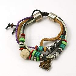 Lava Rock Beads Bracelets, Waxed Cotton Cord and Leather Cord with Alloy Findings and Wood Beads, Beige, 44mm