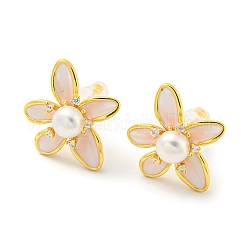 Cubic Zirconia Flower Stud Earrings with Natural Pearl, Brass Earrings with 925 Sterling Silver Pins, Real 18K Gold Plated, 16x8.5mm