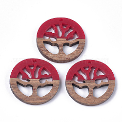 Pendenti in resina e legno di noce, piatta e rotonda con l'albero, rosso, 28x2.5~4mm, Foro: 1.8 mm