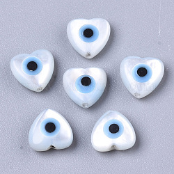 Natural White Shell Mother of Pearl Shell Beads, with Synthetic Turquoise, Heart with Evil Eye, Deep Sky Blue, 6x6x3mm, Hole: 0.7mm