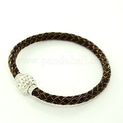 Braided Leather Cord Bracelet Makings, with Polymer Clay Rhinestone Beads and Brass Magnetic Clasps, Platinum Metal Color, Coconut Brown, 210mm