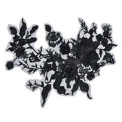 3d fleur organgza polyester broderie ornement accessoires, patch appliqué, couture artisanat décoration, avec des perles d'imitation de perles, noir, 350x290x1.5~6mm