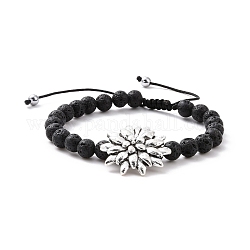 Bracelet de perles tressées en pierre de lave naturelle et hématite synthétique avec lotus en alliage, bijoux de pierres précieuses d'huile essentielle pour les femmes, diamètre intérieur: 2-3/8~3-1/4 pouce (6~8.2 cm)