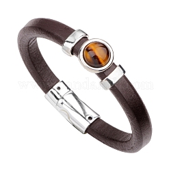 Bracelet à maillons ronds plats en oeil de tigre naturel avec cordons en imitation cuir et fermoirs magnétiques en métal, 9-1/4 pouce (23.5 cm)