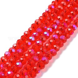 Electroplate Glass Beads Strands, Half Rainbow Plated, Faceted, Rondelle, Red, 4x3mm, Hole: 0.4mm, about 123~127pcs/strand, 16.5~16.9 inch(42~43cm)