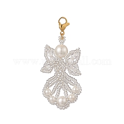 Decorazioni pendenti in vetro angelo, con perline semi, perla conchiglia e 304 chiusura a moschettone in acciaio inossidabile, argento, 55x25x7.5mm