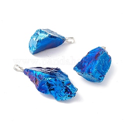 Grandi pendenti in cristallo di quarzo naturale grezzo placcato elettrolitico, con passanti in lega di platino, pepite, blu royal, 31~53x22.5~29x13.5~20mm, Foro: 7 mm