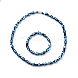 Bracelet de collier de perles de colonne en hématite synthétique et laiton avec fermoirs magnétiques, ensemble de bijoux en pierres précieuses pour hommes femmes, bleu, 20.55 pouce (52.2 cm), 2 1/2 pouces (65mm)