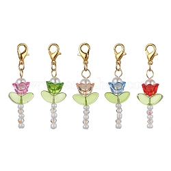 Flower Transparent Acrylic & Glass Pendant Decooration, Zinc Alloy Lobster Claw Clasps Charm, Mixed Color, 44.5mm